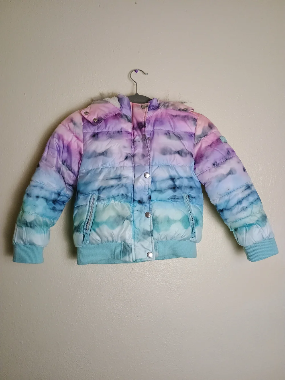 Justice XS | 5/6 Girl's Tie Dye Pastel  Matte Puffer Bomber Faux-Fur Hood Trim